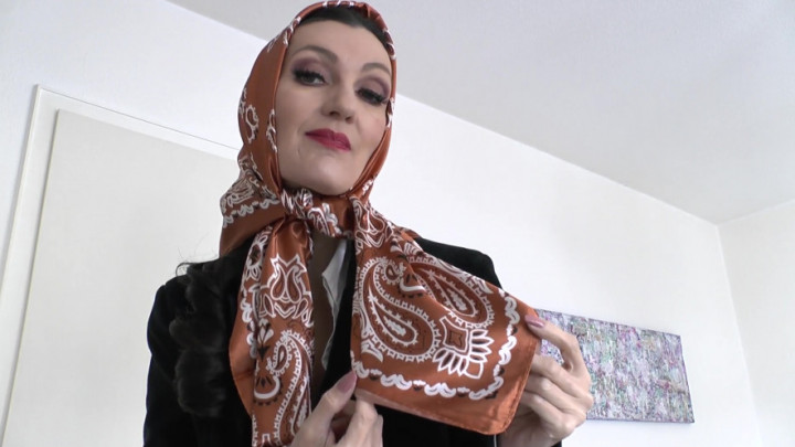 LadyVictoriaValente:Elegant, shiny satin headscarf fashion show, JOI, Lady Victo