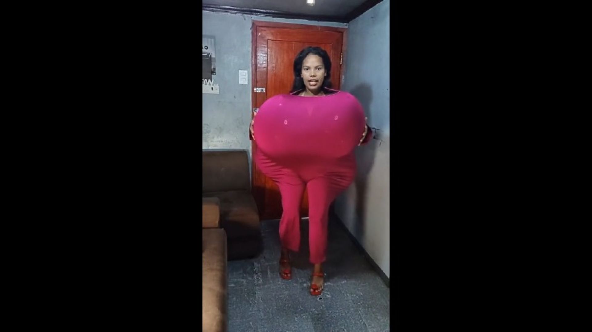 asianloonergirls:Sexy Juju Dances In Boob anf Butt Stuffed Maroon Jumper