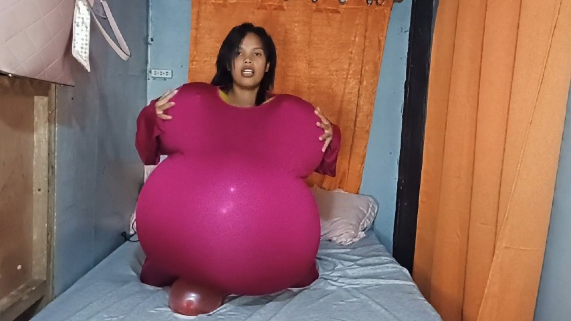 asianloonergirls:Sexy Juju RTP Big Balloon In Balloon Stuffed Maroon Jumper