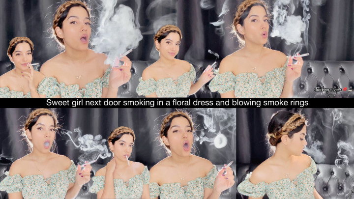 SmokingAngie:Sweet girl next door smoking in a floral dress and blowing s
