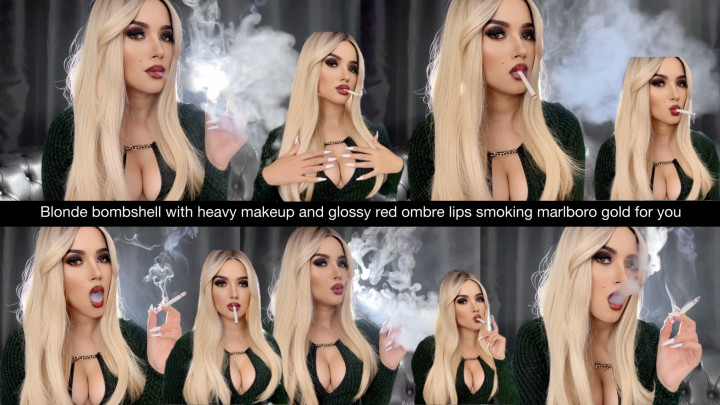 SmokingAngie:Blonde bombshell with heavy makeup and glossy red ombre lips
