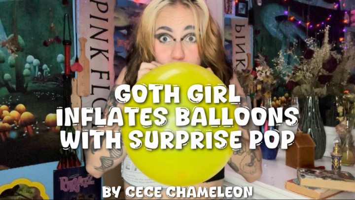 cecechameleon:goth girl inflates balloons with surprise pop