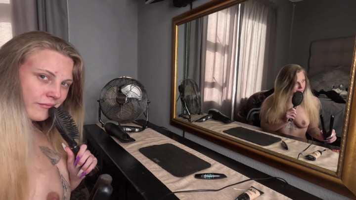 InkedButterfly:SEXY TATTOOED BLONDE girl doing her hair and makeup NAKED