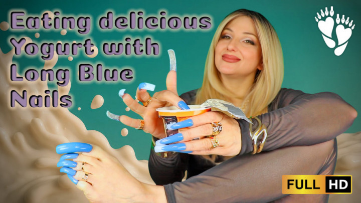 loralongnails:Eating delicious Yogurt with Long Blue Nails