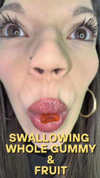 goddess_misa:SWALLOWING HUGE GUMMIES AND FRUIT WHOLE WITH OPEN MOUTH