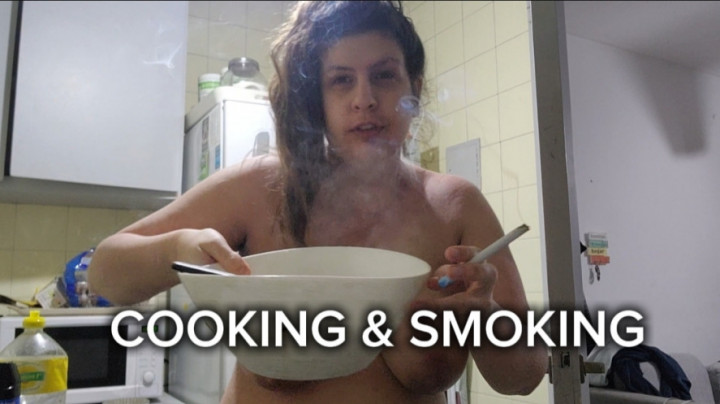 abigaillatina:Smoking Cigarette in the Kitchen Topless While Cooking