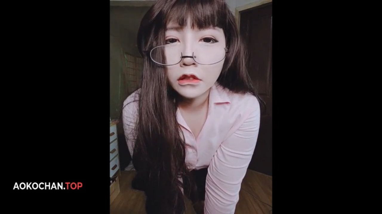 Aokochan:Chubby Asian Teen in Stockings & Glasses Teases Her Big Tits