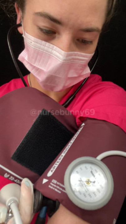 nursebunny69:Self BP Cuff Vitals Exam Pink Scrubs Black Stethoscope